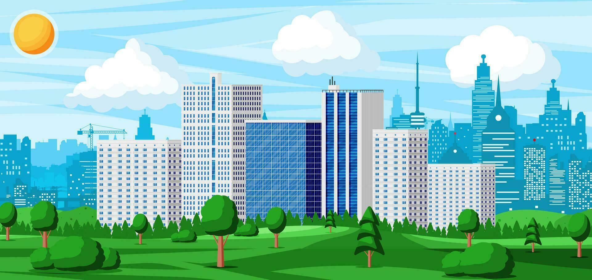 stad park concept. stedelijk Woud panorama. stadsgezicht met gebouwen en bomen. lucht met wolken en zon. vrije tijd tijd in zomer stad park. vector illustratie in vlak stijl