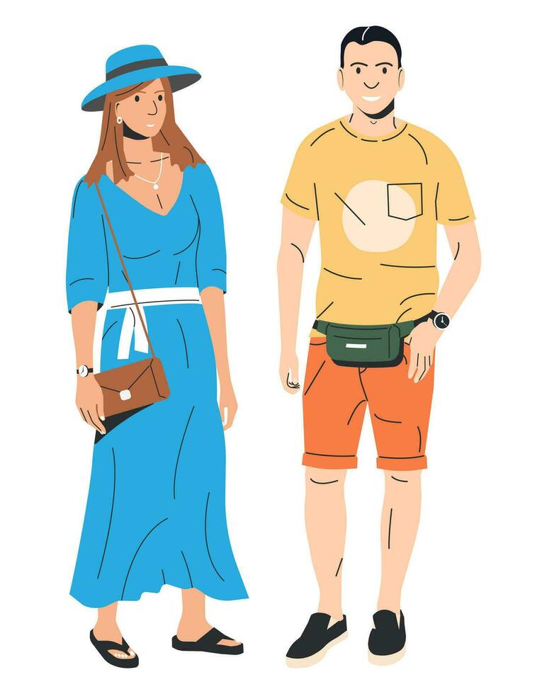 Dames in hoed en Mens in shorts geïsoleerd. mode meisje met zak in lang jurk. modieus Mens in gewoontjes kleren met taille tas. modieus levensstijl. vlak vector illustratie