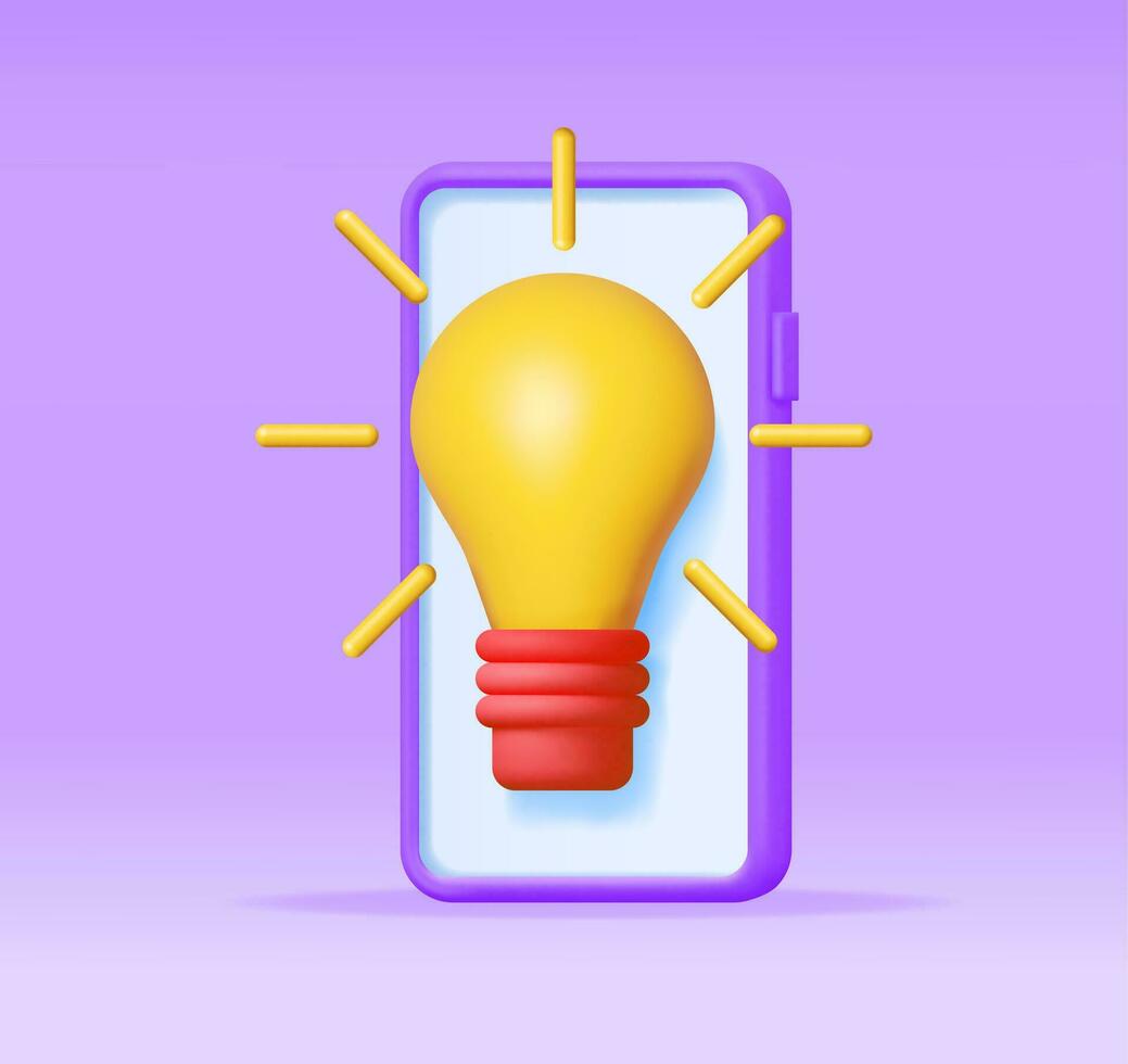 3d licht lamp Aan smartphone scherm. geven tekenfilm geel idee lamp icoon. glas gloeilamp symbool. creatief idee inspiratie. brainstorming ontwikkeling. bedrijf oplossing beginnen. vector illustratie