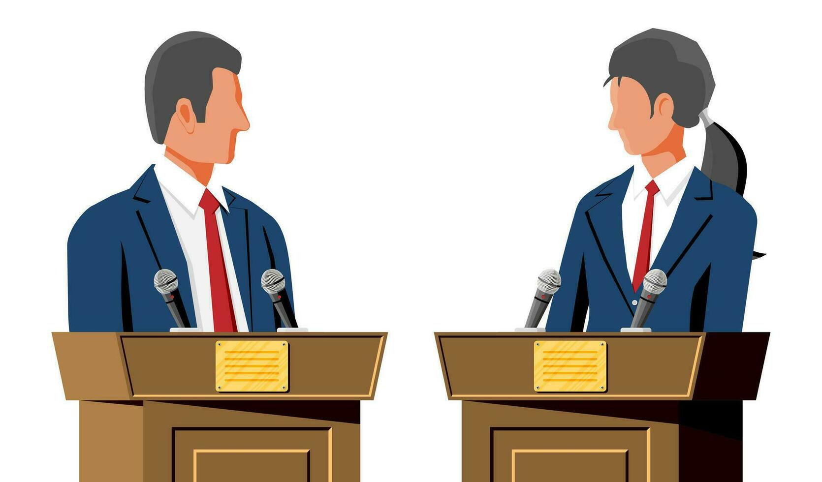 mannetje en vrouw kandidaten Bij podium met microfoons. politiek bespreken tussen Mens en vrouw. presidentieel verkiezingen concept. politiek, economisch debat. vlak ontwerp vector illustratie