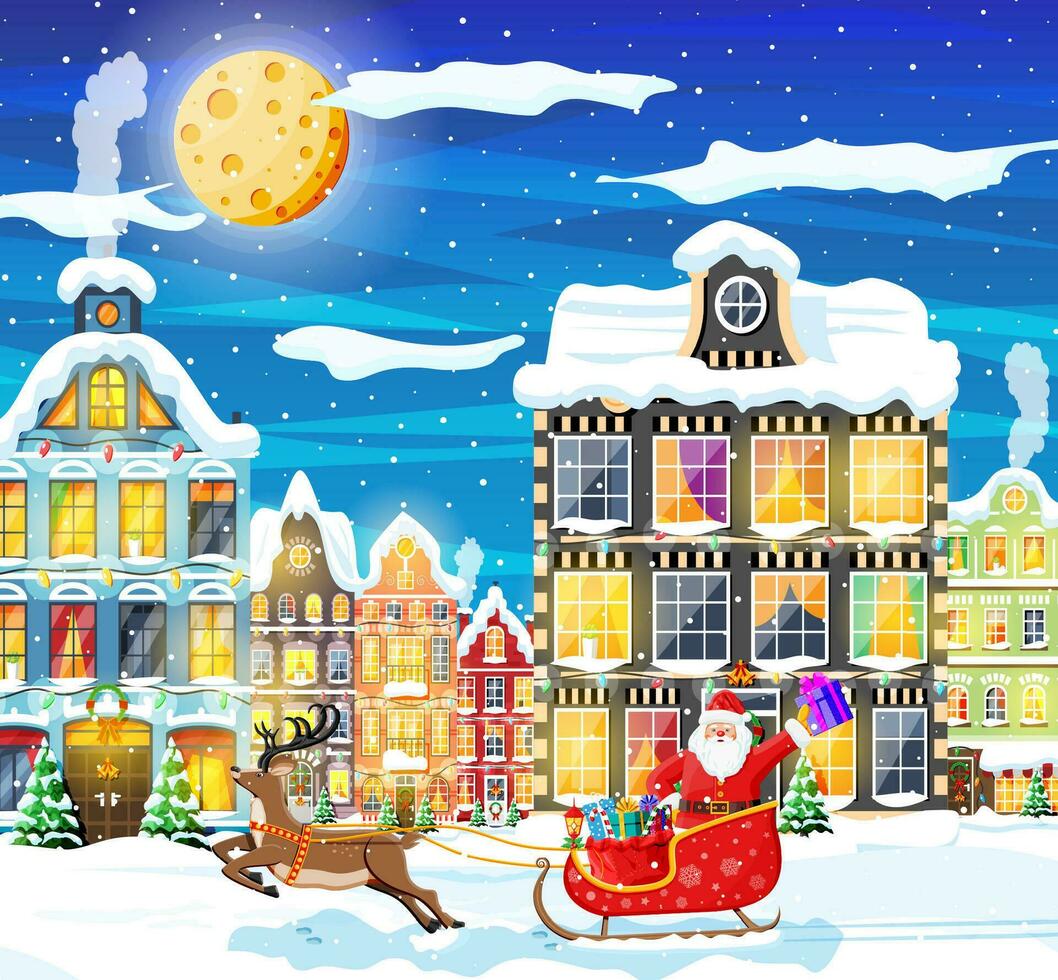 stad- gedekt sneeuw. gebouw in vakantie ornament. Kerstmis landschap, boom, de kerstman slee rendieren. nieuw jaar decoratie. vrolijk Kerstmis vakantie Kerstmis viering. vector illustratie