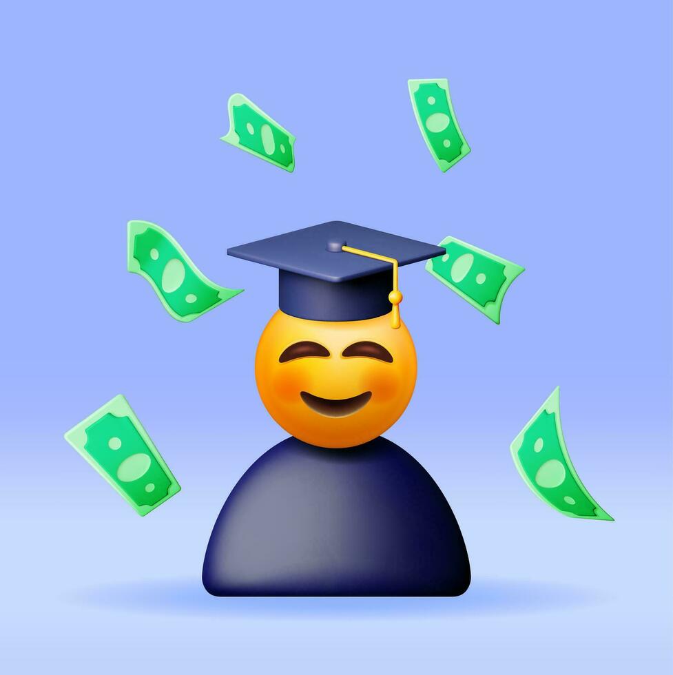 3d gelukkig glimlachen emoticon in afstuderen pet in dollar. geven glimlach leerling in diploma uitreiking hoed. contant geld geld voor opleiding, spaargeld en investering. academisch en school- kennis. vector illustratie