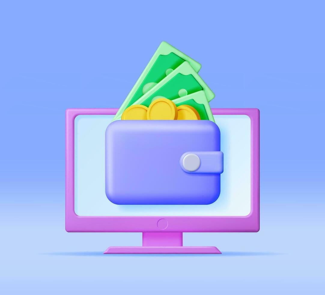 3d computer en portemonnee met geld geïsoleerd. concept van online inkomen. verdiensten in internetten. geven elektronisch portemonnee. online bankieren. freelance werk. groei, inkomen, succes. vector illustratie