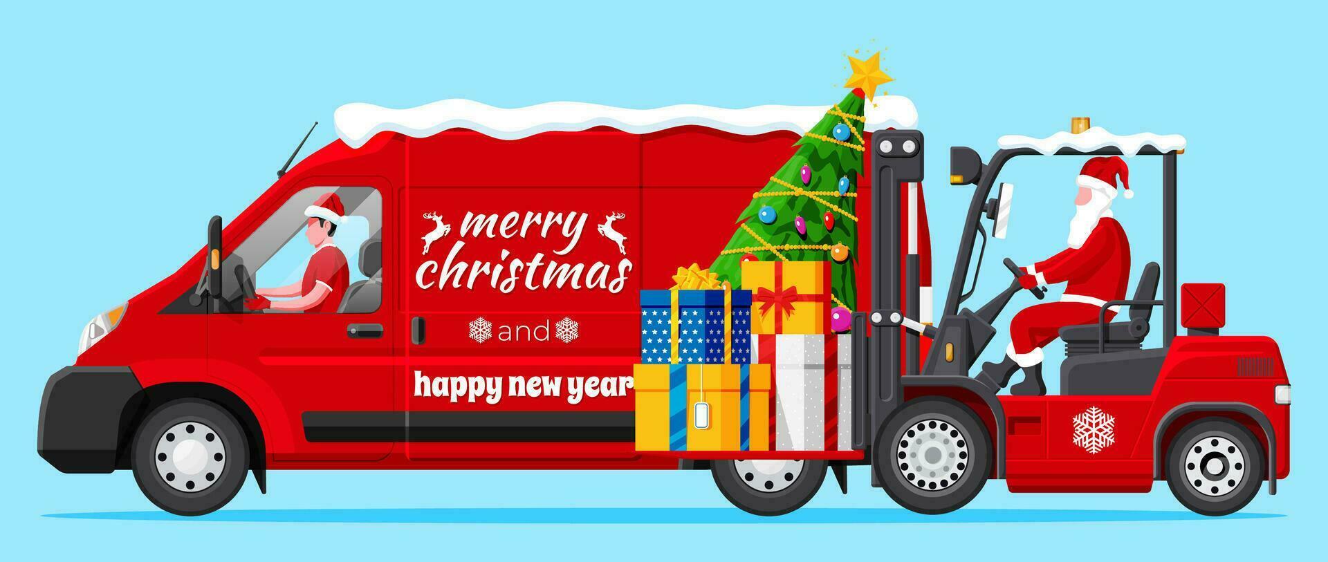 de kerstman claus in rood heftruck geladen met stapel van geschenk dozen en busje vrachtwagen. Kerstmis presenteert levering en Verzenden. gelukkig nieuw jaar. vrolijk Kerstmis vakantie. nieuw jaar en Kerstmis. vlak vector illustratie