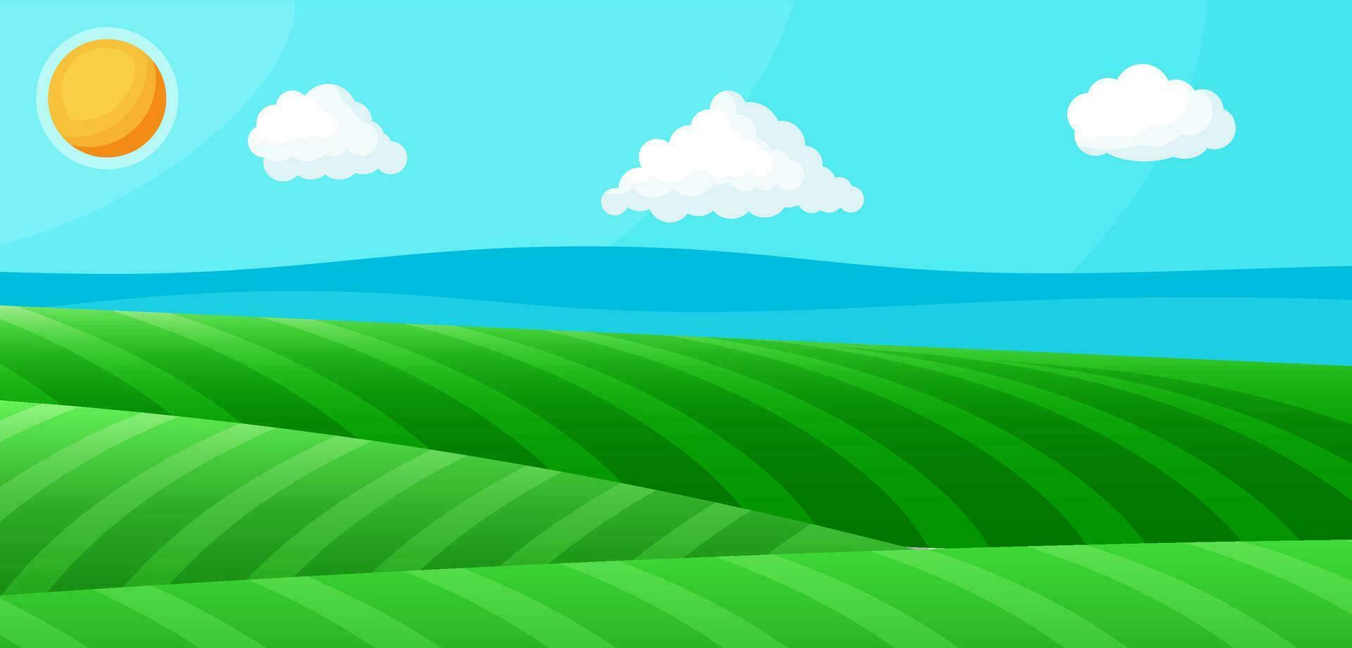 leeg groen landschap met blauw lucht, wolken en zon. groen weide met gras. zonnig open plekken met veld- grassen. natuur en vrijheid. nationaal park of natuur reserveren. vector illustratie in vlak stijl