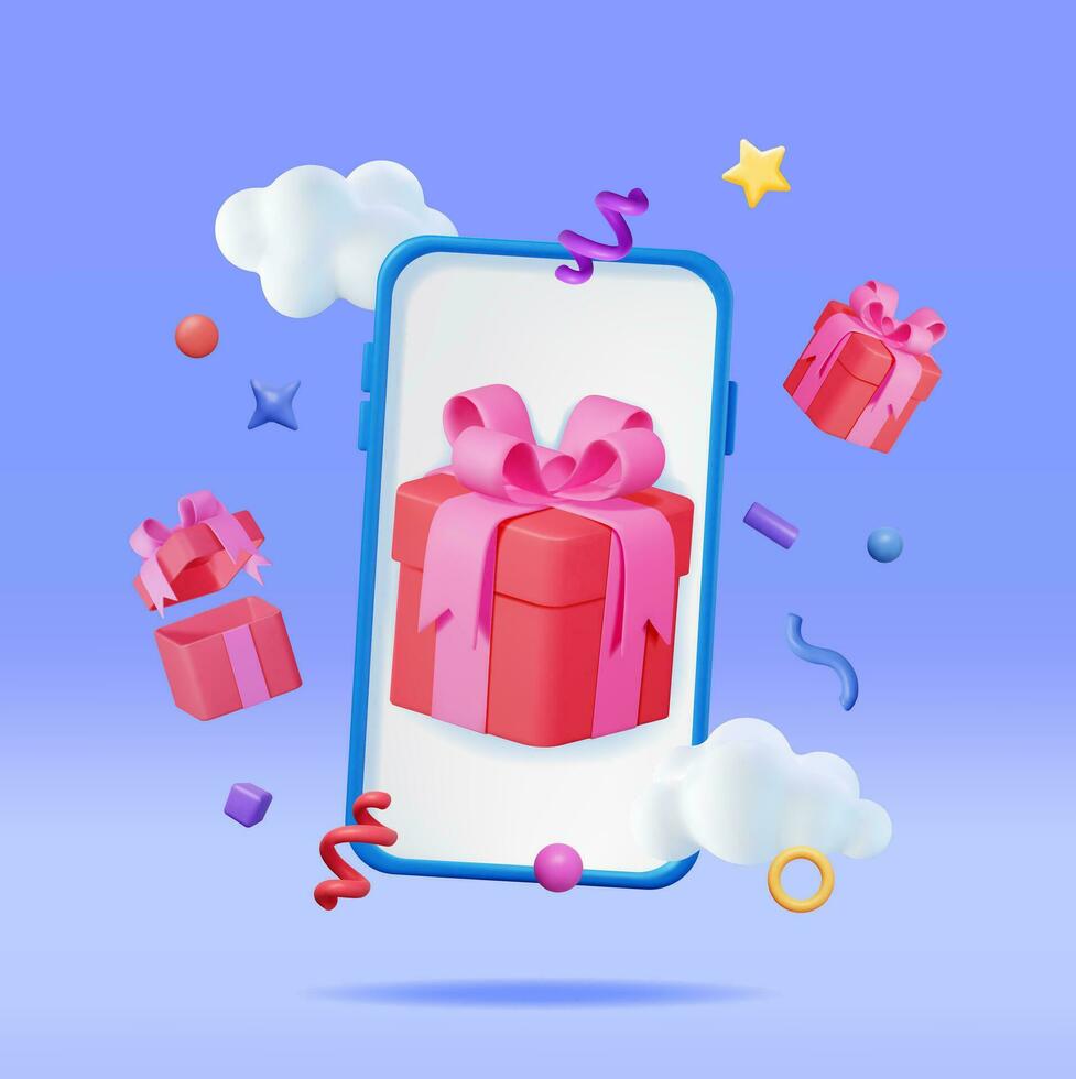 3d geschenk doos in smartphone geïsoleerd. geven giftbox Aan mobiel telefoon scherm. ontvangen verrassing doos online. digitaal aankoop of e-commerce concept. promo op te slaan, geschenk kaart. vector illustratie