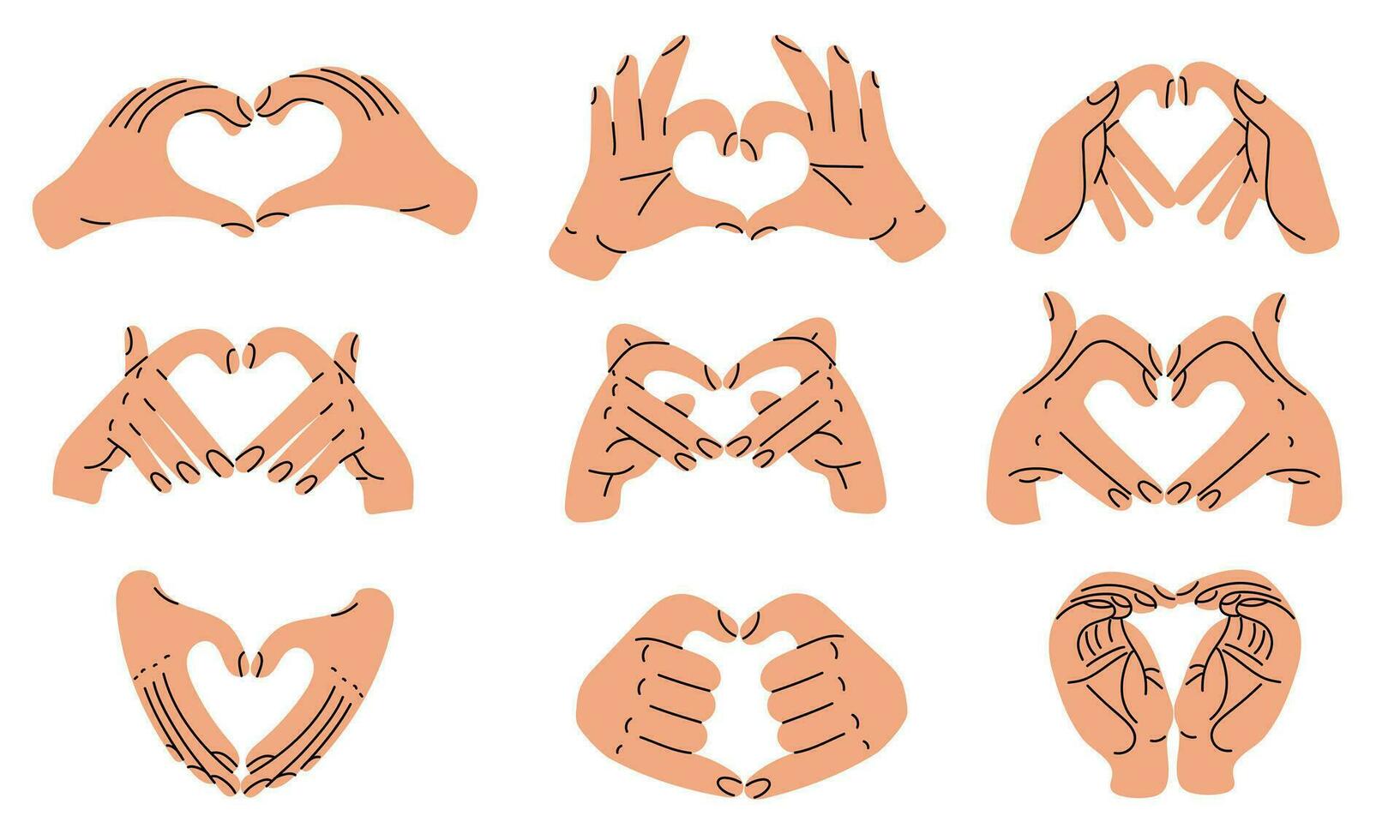 een reeks van handen met een hart teken, de aanwijzing ik liefde jij. afbeeldingen voor Valentijnsdag dag, hart vormen met een hand. een veel van harten zijn verbonden naar de contour. een persoon shows liefde voor anderen vector