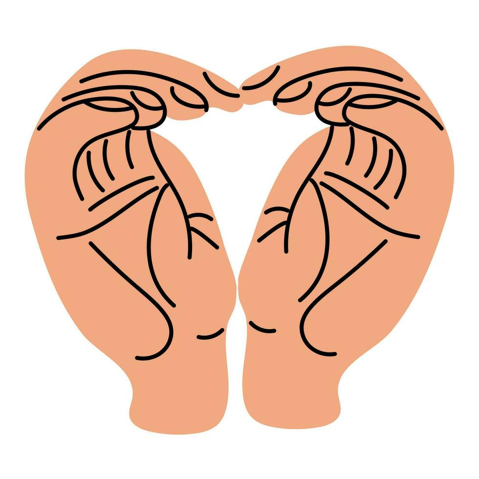 handen shows een hartvormig gebaar, een artistiek illustratie van een hand- tekening lijn. een hart is gevouwen van de palmen Aan een wit achtergrond. de concept van menselijk lichaam taal aanduiding liefde. vector