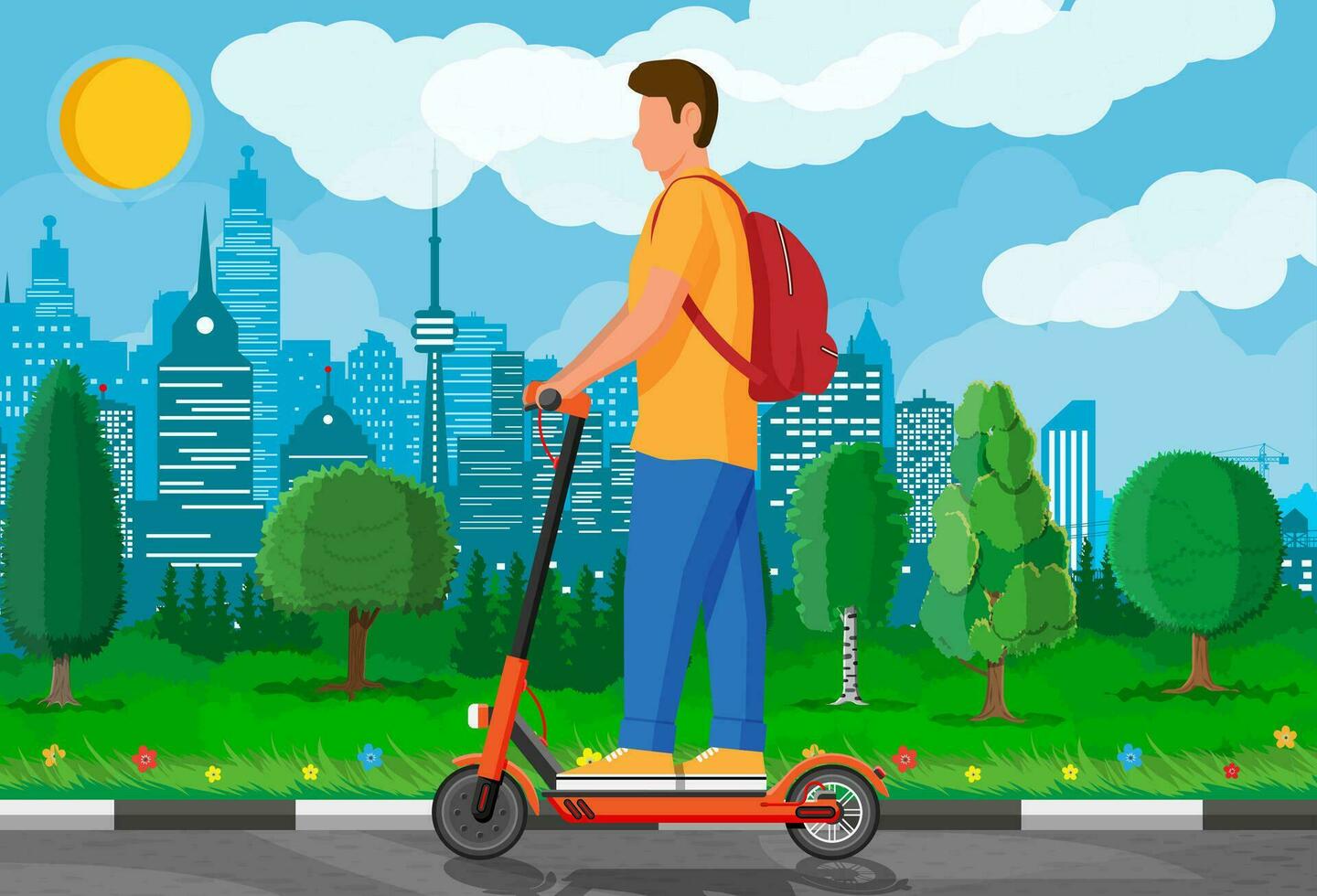 jong Mens Aan trap scooter. vent met rugzak rollend Aan elektrisch scooter. hipster karakter toepassingen modern stedelijk vervoer. ecologisch, handig stad vervoer. tekenfilm vlak vector illustratie