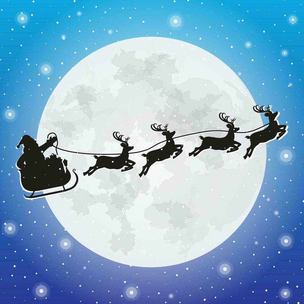 de kerstman claus Aan slee vol van cadeaus en zijn rendieren met maan in lucht silhouet. gelukkig nieuw jaar decoratie. vrolijk Kerstmis vakantie. nieuw jaar en Kerstmis viering. vector illustratie