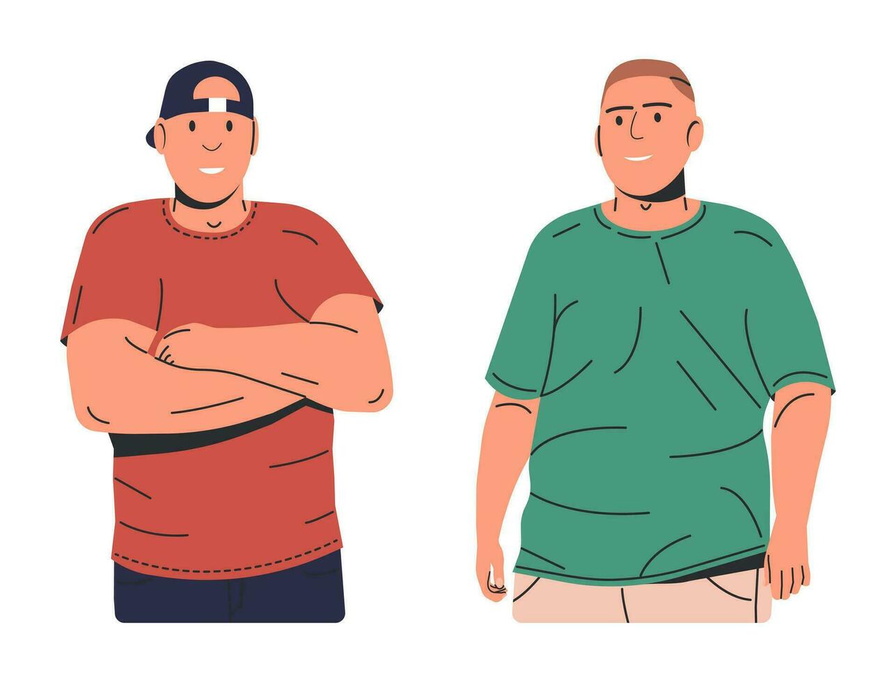 dik vs fit Mens geïsoleerd. mannetje lichaam te zwaar en spier vergelijking. mannen sportief en te zwaar persoon. mensen met verschillend lichaam soorten. sport atletisch en dik ongezond. vlak vector illustratie