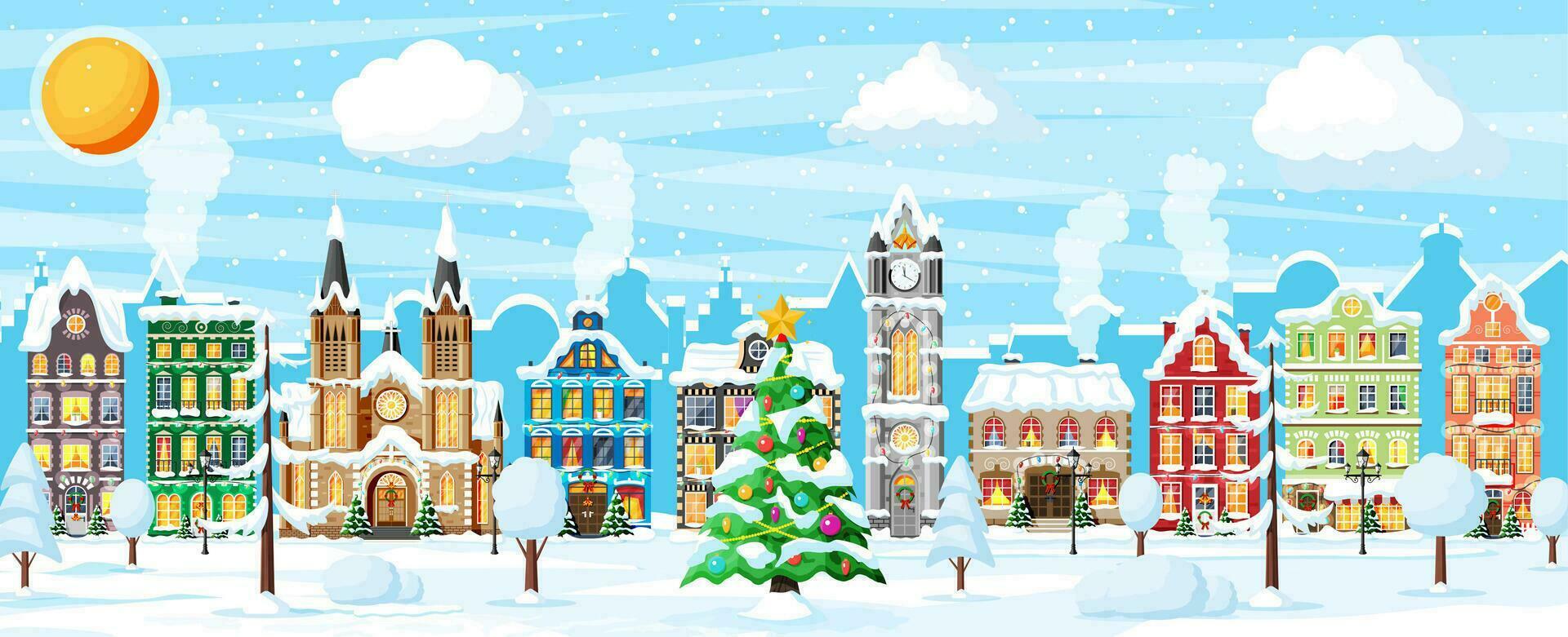 Kerstmis kaart met stedelijk landschap en sneeuwval. stadsgezicht met kleurrijk huizen met sneeuw in dag. winter dorp, knus stad- stad panorama. nieuw jaar Kerstmis Kerstmis spandoek. vlak vector illustratie