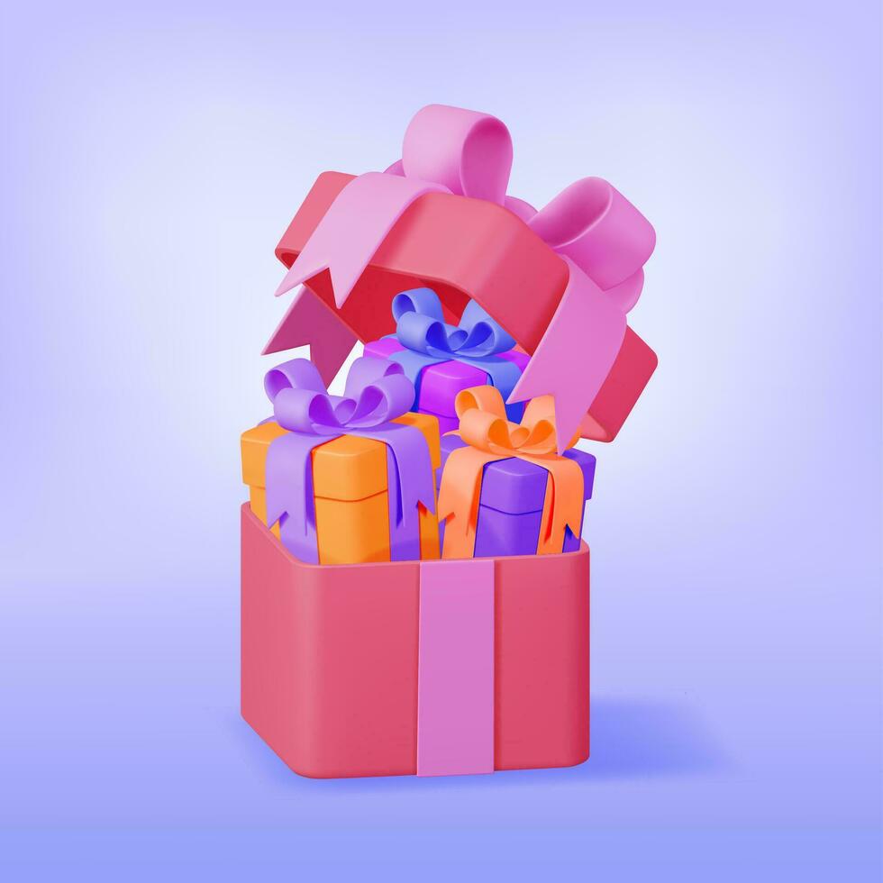 3d geschenk dozen stapel geïsoleerd. geven kleurrijk verpakt doos. kerstmis. nieuwe, jaar, uitverkoop, winkelen. Cadeau doos met bogen en linten. giftbox voor valentijn, verjaardag en vakantie. vector illustratie