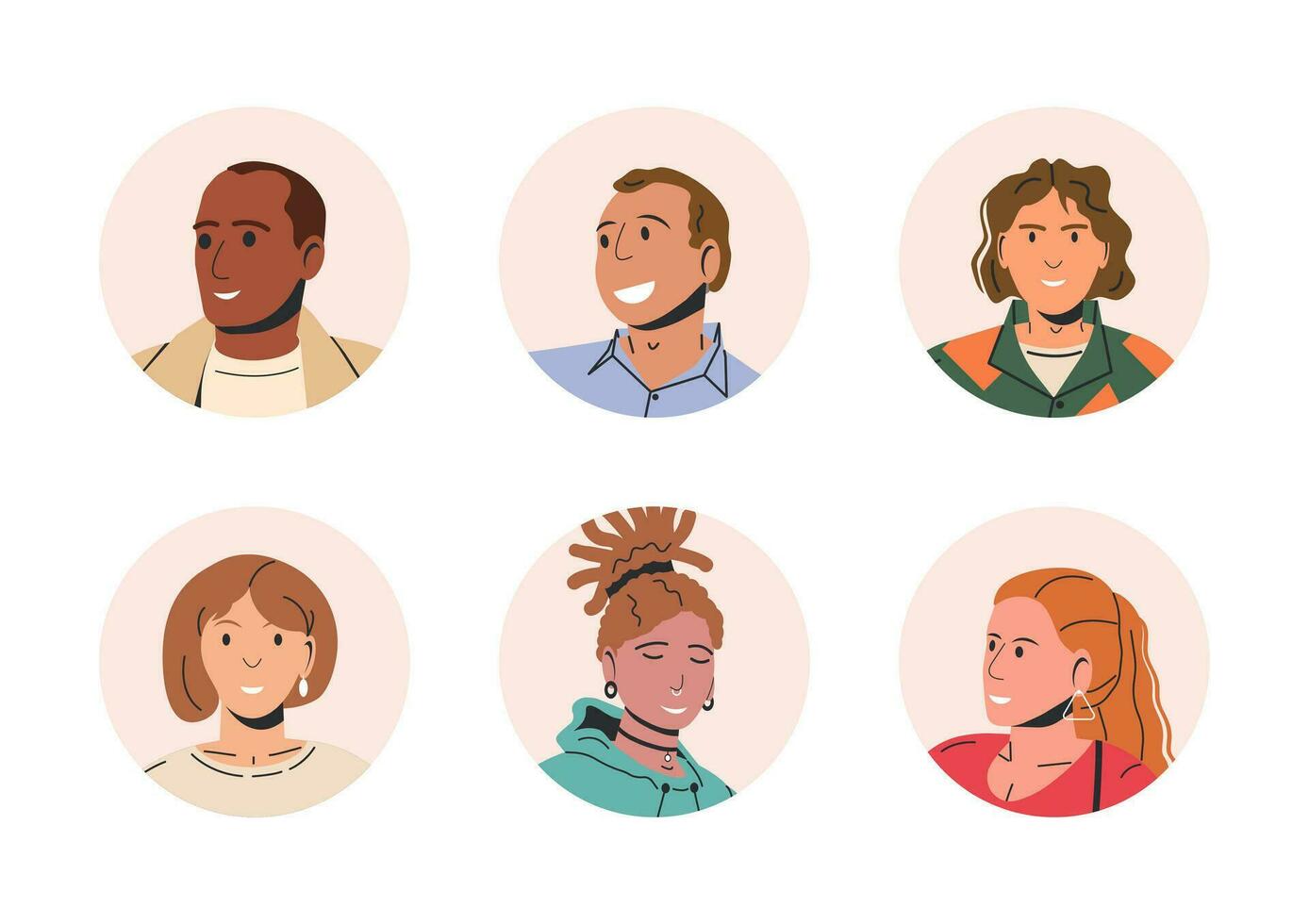 verschillend mensen avatars. reeks van cirkel gebruiker portretten. mannetje en vrouw karakters. Mens en vrouw in modieus kleding. jongens en meisjes met verschillend kapsels en etniciteiten. vlak vector illustratie