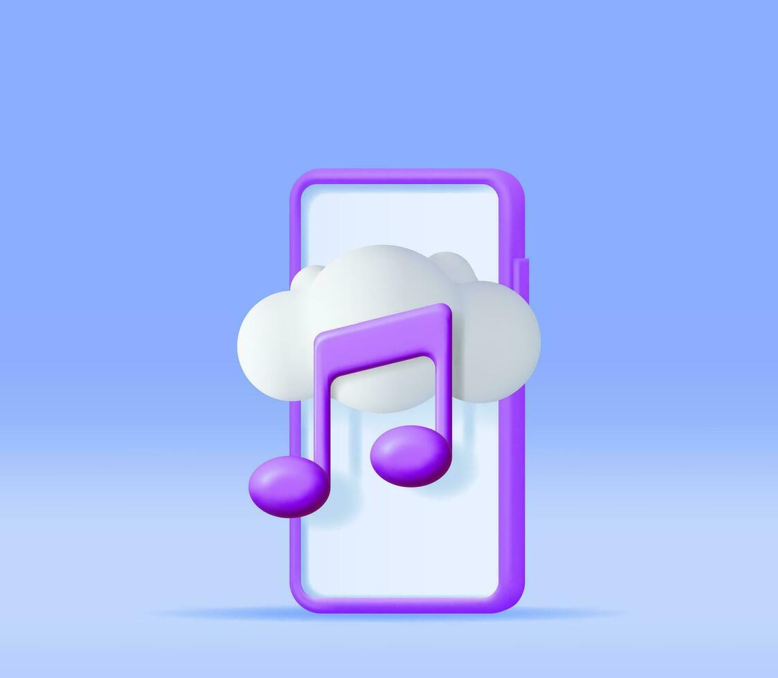 3d muziek- wolk Notitie in mobiel telefoon. geven smartphone streaming muziek- platform icoon. modern muziek- onderhoud symbool. Notitie realistisch ontwerp. musical Opmerking, geluid, lied of lawaai teken. vector illustratie