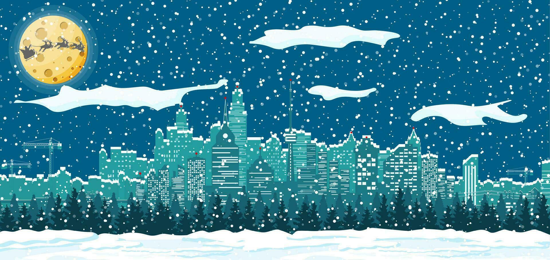 de kerstman claus ritten rendier slee. Kerstmis winter stadsgezicht, sneeuwvlokken en bomen. gelukkig nieuw jaar decoratie. vrolijk Kerstmis vakantie. nieuw jaar en Kerstmis viering. vector illustratie vlak stijl