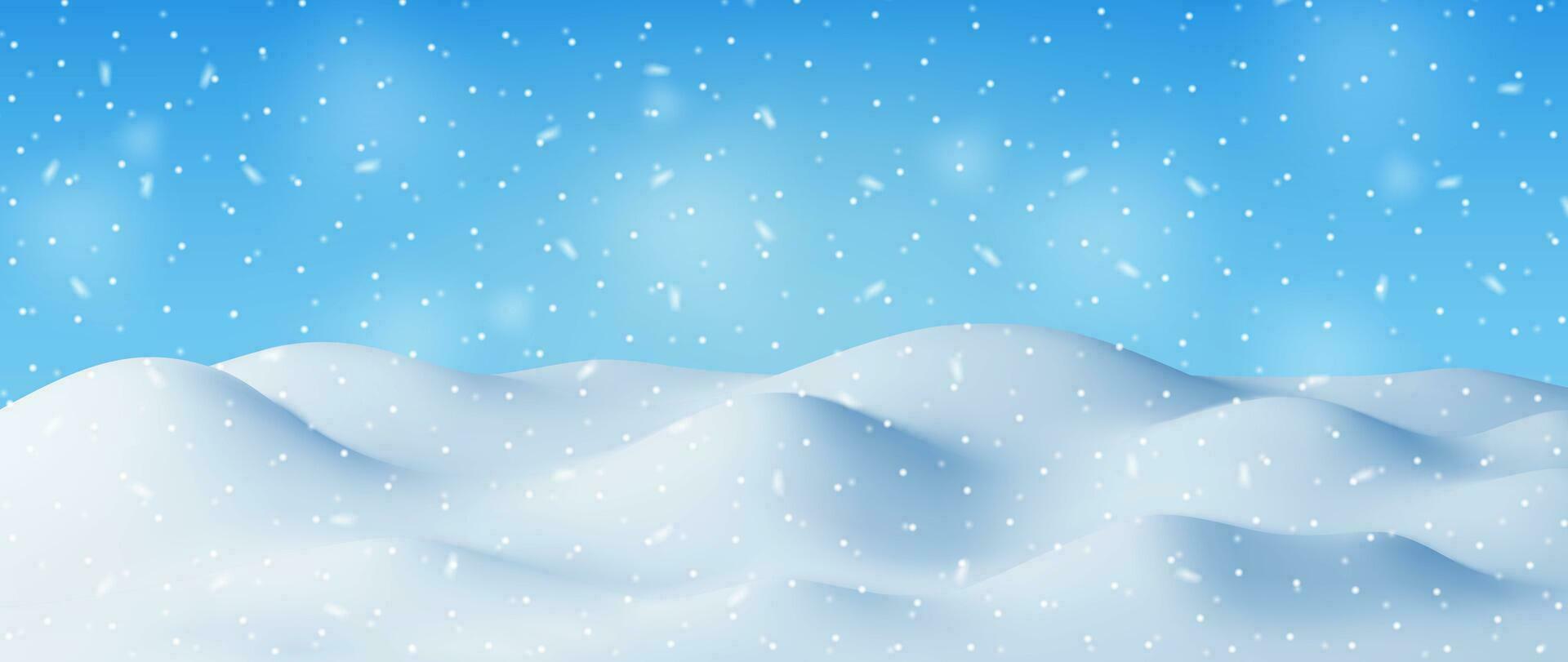 3d winter landschap met sneeuwbanken en sneeuw. geven Kerstmis sneeuw drijft Aan blauw lucht achtergrond. winter sneeuw grond, sneeuwjacht heuvel, ijs laag. realistisch vector illustratie