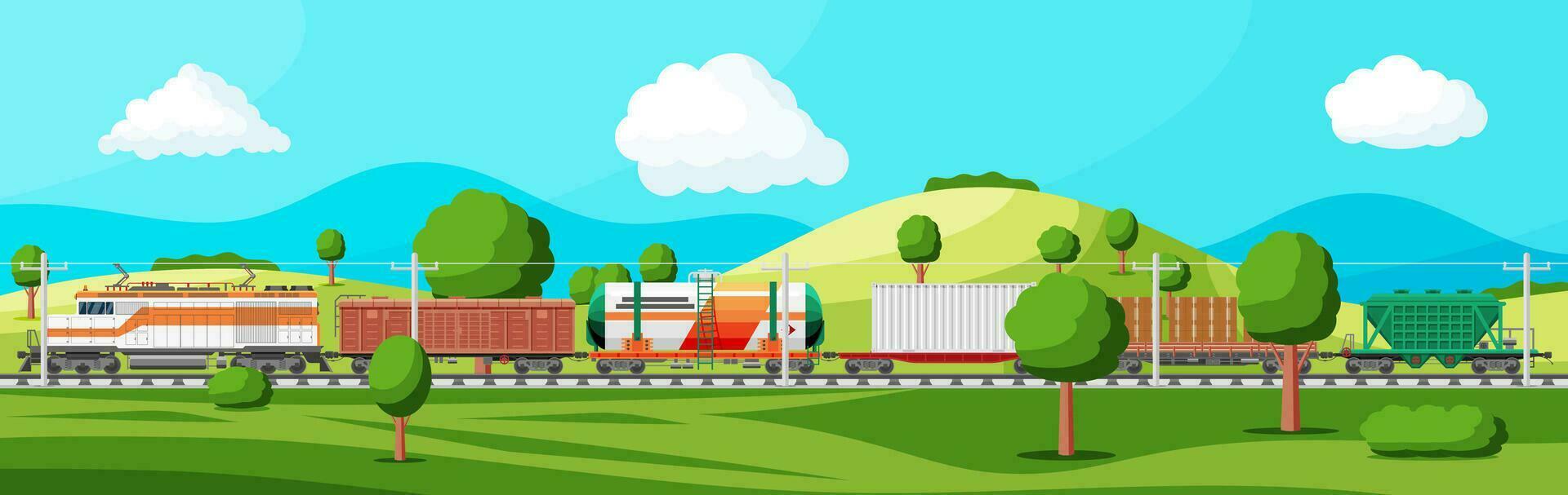 trein met lading wagens, reservoirs, tanks en auto's. spoorweg vracht verzameling. natuur landschap met bomen, heuvels, Woud en wolken. lading het spoor vervoer. vlak vector illustratie