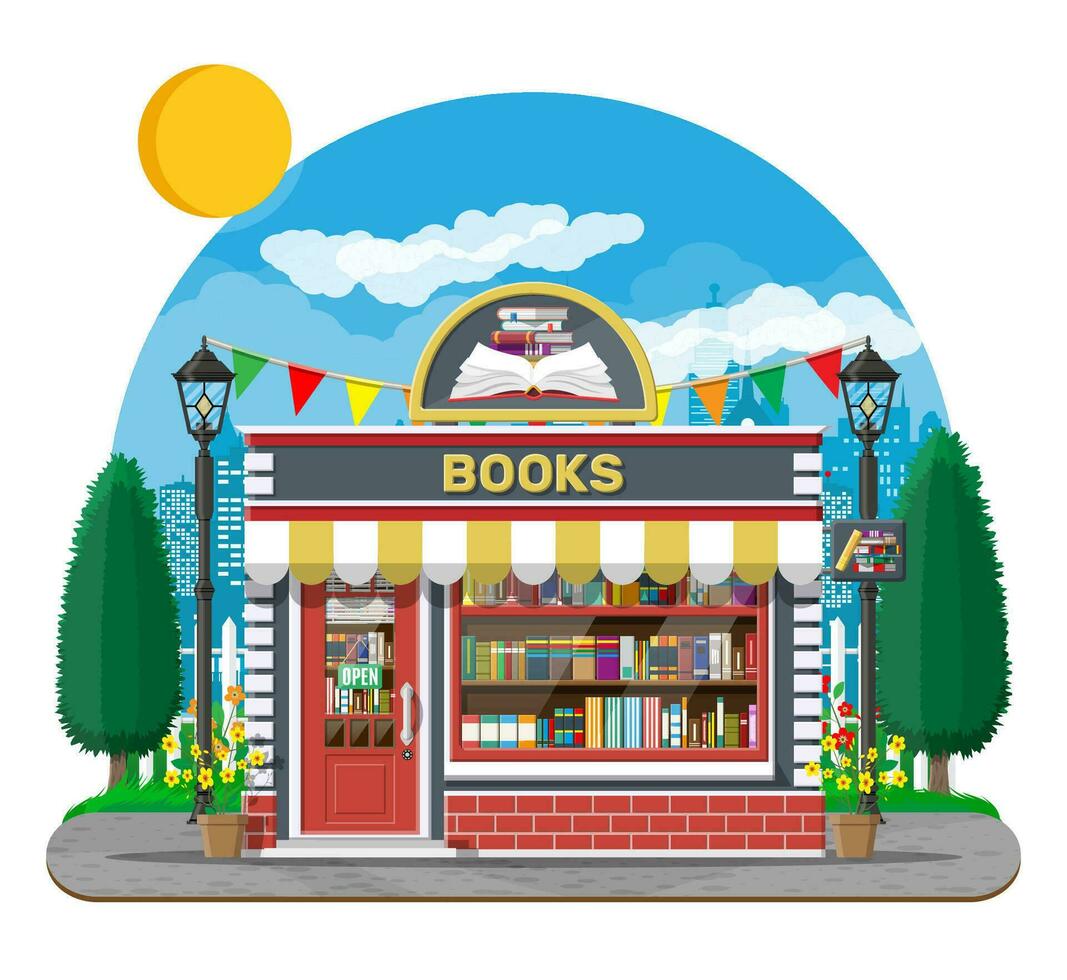 boekhandel winkel buitenkant. boeken winkel steen gebouw. onderwijs of bibliotheek markt. boeken in winkel venster Aan planken. straat winkel, winkelcentrum, markt facade. natuur buitenshuis stadsgezicht. vlak vector illustratie