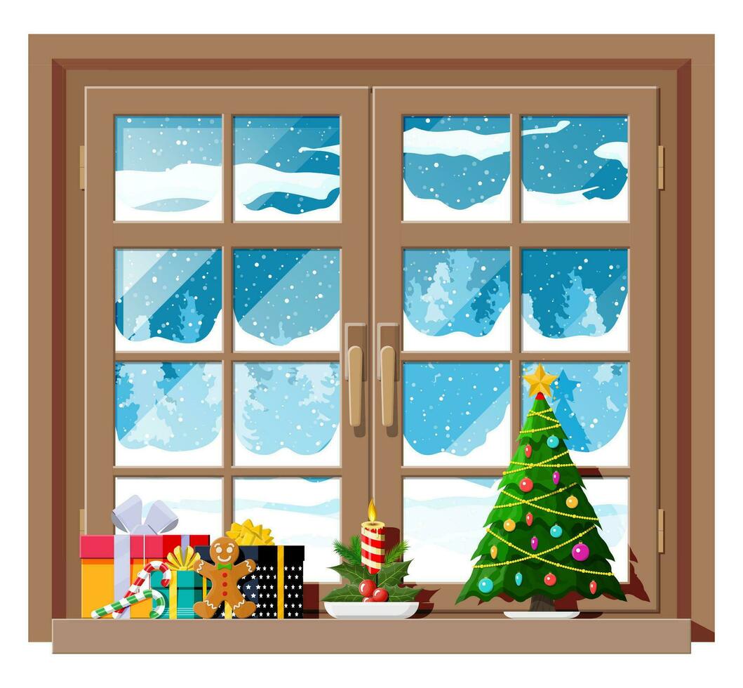 knus interieur van kamer met venster. gelukkig nieuw jaar decoratie. vrolijk Kerstmis vakantie. nieuw jaar en Kerstmis viering. winter landschap, boom, sneeuw, dorp. tekenfilm vlak vector illustratie.