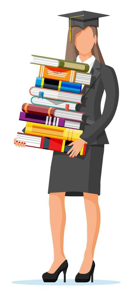 leerling zakenvrouw Holding stack van boeken. bedrijf vrouw in diploma uitreiking kap. onderwijs en studie. bedrijf succes, triomf, doel of prestatie. winnend van wedstrijd. vlak vector illustratie