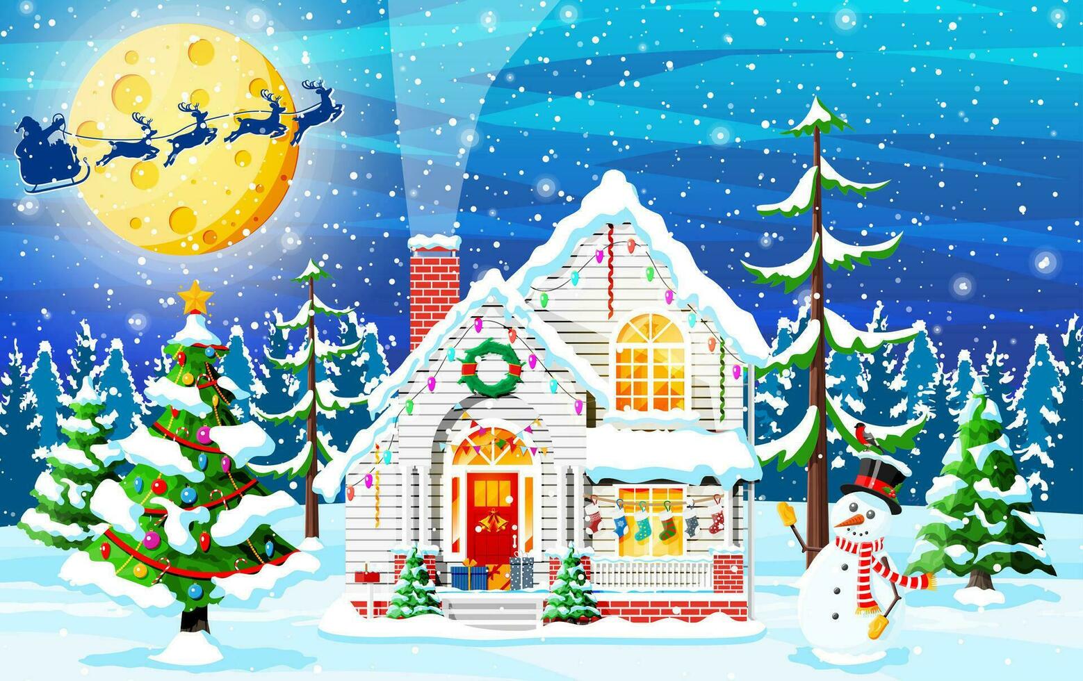buitenwijk huis gedekt sneeuw. gebouw in vakantie ornament. Kerstmis landschap boom, sneeuwman de kerstman slee rendieren. nieuw jaar decoratie. vrolijk Kerstmis vakantie Kerstmis viering. vector illustratie