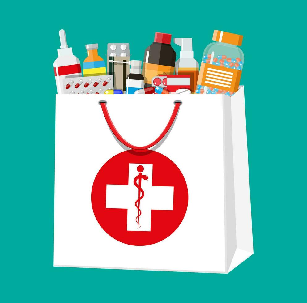 verschillend pillen en flessen in boodschappen doen tas, gezondheidszorg en winkelen, apotheek, drug op te slaan. ziekte en pijn behandeling. medisch medicijn, vitamine, antibiotica. vector illustratie in vlak stijl