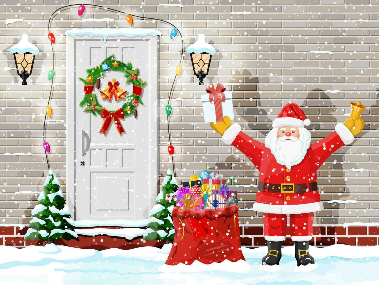 Kerstmis deur decoratie. geschenk in hand- van de kerstman claus. Ingang naar buitenwijk huis versierd met lauwerkrans, slinger lichten. vakantie hartelijk groeten. nieuw jaar en Kerstmis viering. vlak vector illustratie