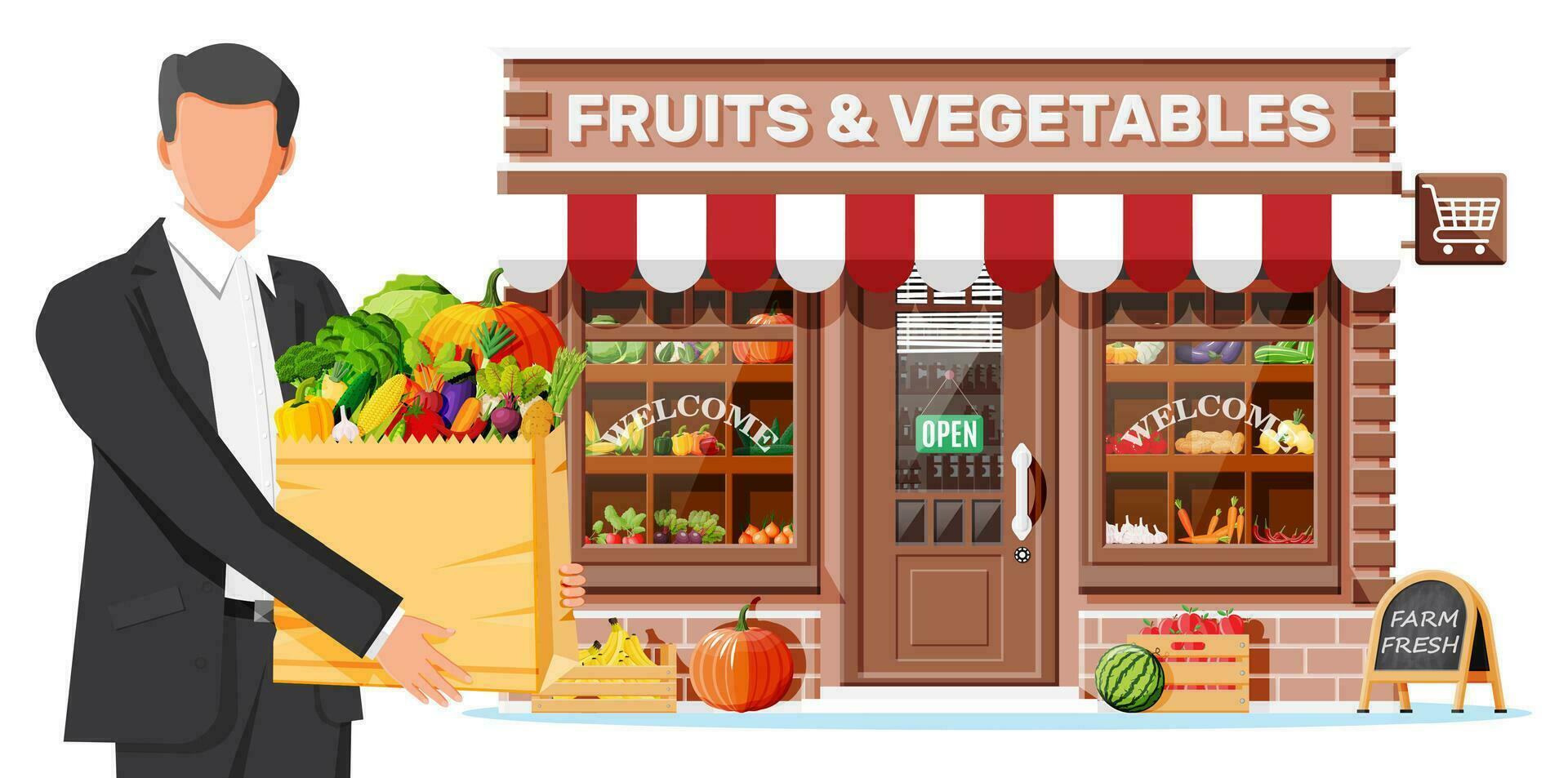 fruit en groente op te slaan facade met Mens klant. vers biologisch voedsel producten. komkommer tomaat pompoen knoflook ui wortel maïs peper banaan. vector illustratie in vlak stijl