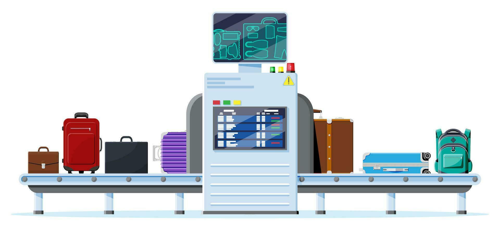 luchthaven veiligheid scanner icoon. transportband riem met passagier bagage. bagage carrousel scannen geïsoleerd Aan wit. pakket röntgenstraal bagage. veiligheid, logistiek en levering. tekenfilm vlak vector illustratie