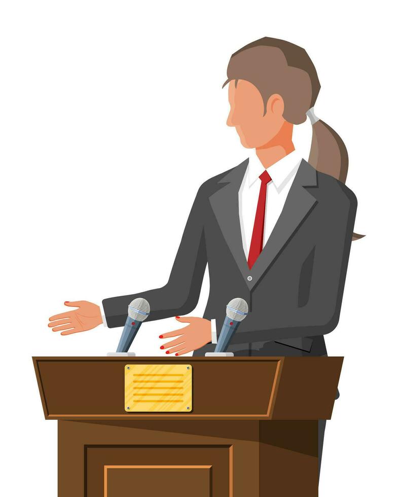 redenaar sprekend van tribune. openbaar spreker. houten rostrum met microfoons voor presentatie. stellage, podium voor conferenties, lezingen debatten. politiek en stemming. vlak vector illustratie