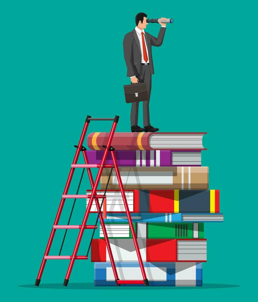 zakenman op zoek door kijker Aan stack van boeken met ladder. bedrijf Mens met telescoop. nieuw perspectieven, onderwijs. op zoek in toekomst. leiderschap doel of visionair. vlak vector illustratie