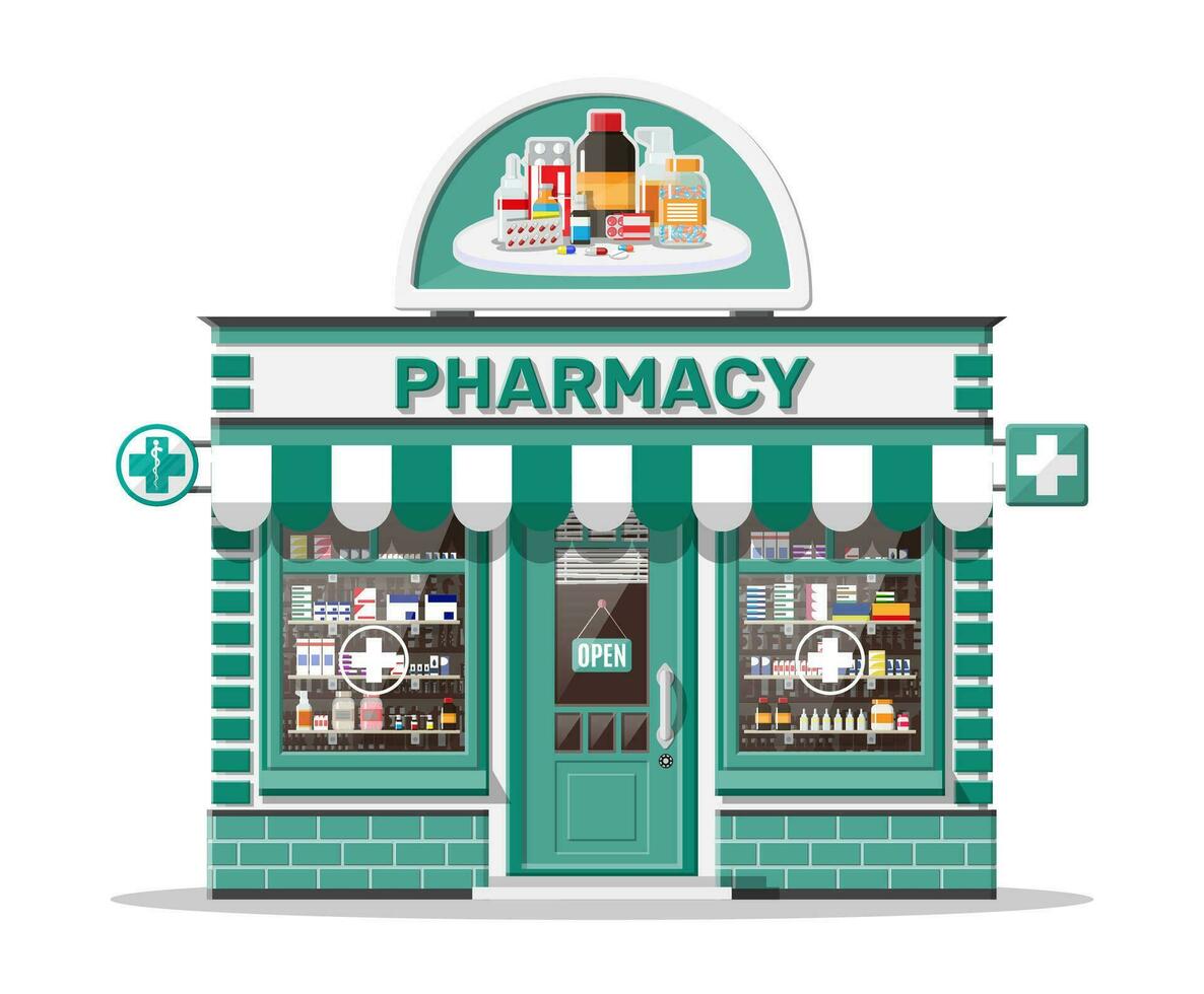 facade apotheek op te slaan met uithangbord. buitenkant van drogisterij. geneeskunde pillen capsules flessen vitamines en tablets Aan vitrine. winkelpui winkel gebouw, straat architectuur. vlak vector illustratie