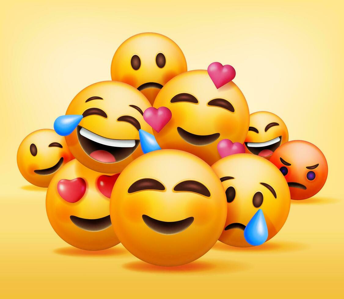 3d reeks van emoticons geïsoleerd. ronde geel gezichten met divers emoties en uitdrukking. scheur glimlach verdrietig liefde gelukkig ongelukkig Leuk vinden lol boos knipoog gelach emoji karakter verzameling. vector illustratie