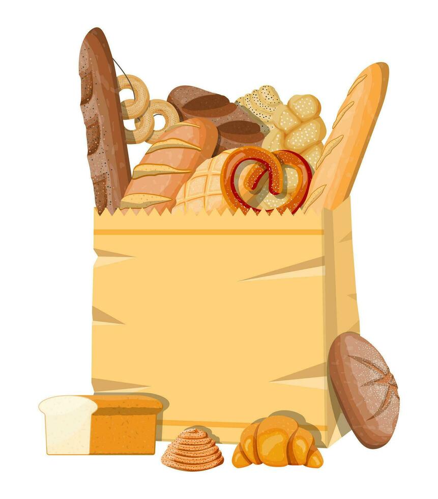 brood pictogrammen en papier boodschappen doen tas. geheel korrel, tarwe en rogge brood, geroosterd brood, krakeling, ciabatta, croissant, bagel, Frans stokbrood, kaneel broodje. vector illustratie in vlak stijl