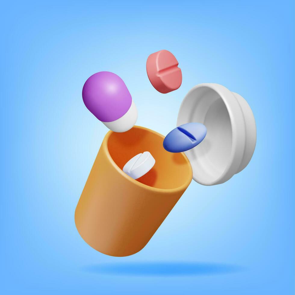 3d plastic fles vol van pillen. geven geneeskunde pakket voor pillen, capsule, drugs. doos voor ziekte en pijn behandeling. medisch medicijn, vitamine, antibiotica. gezondheidszorg apotheek. vector illustratie