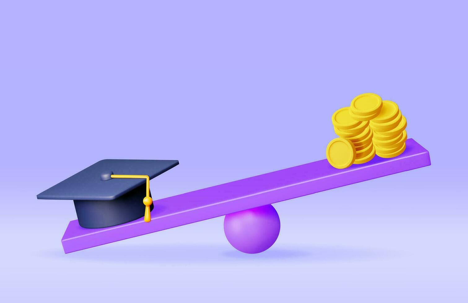 3d diploma uitreiking pet en gouden munten Aan schubben. geven geld met diploma uitreiking hoed Aan schubben. onderwijs kosten concept. geld uitgeven Aan opleiding, investering in toekomst. vector illustratie