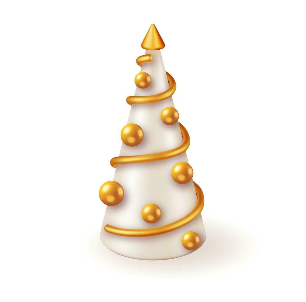 3d abstract Kerstmis boom met goud spiraal en ballen geïsoleerd. geven spar, groenblijvend boom icoon. groet kaart, feestelijk poster partij uitnodigingen. Kerstmis en nieuw jaar. tekenfilm vector illustratie