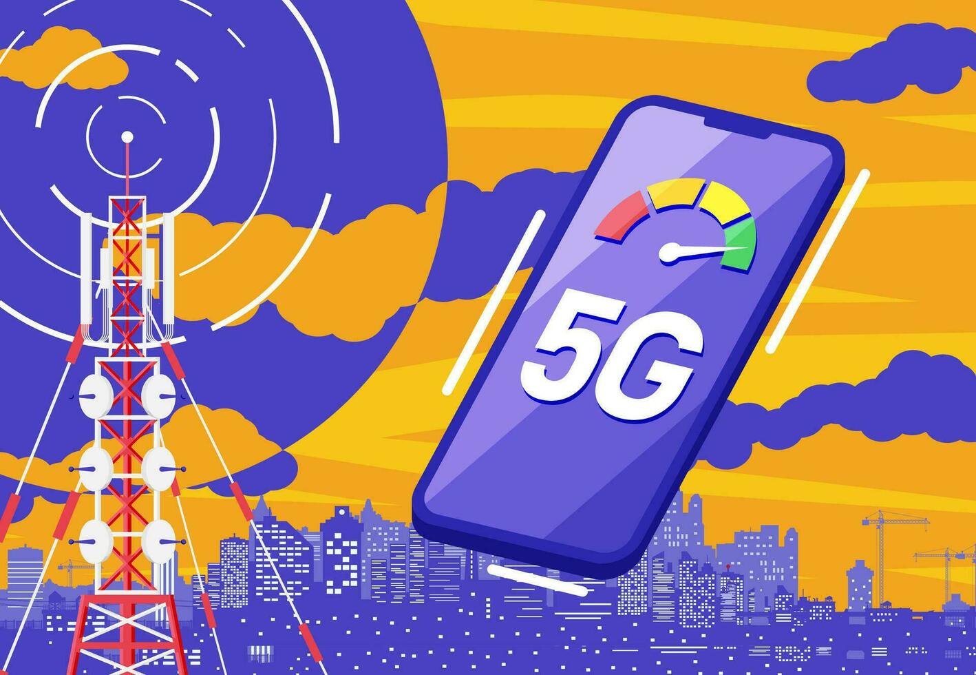 mobiel smartphone en 5g communicatie toren. transmissie cellulair toren antenne. netwerk uitzending uitrusting stadsgezicht. slim telefoon en satelliet telecommunicatieverbinding antenne. vlak vector illustratie