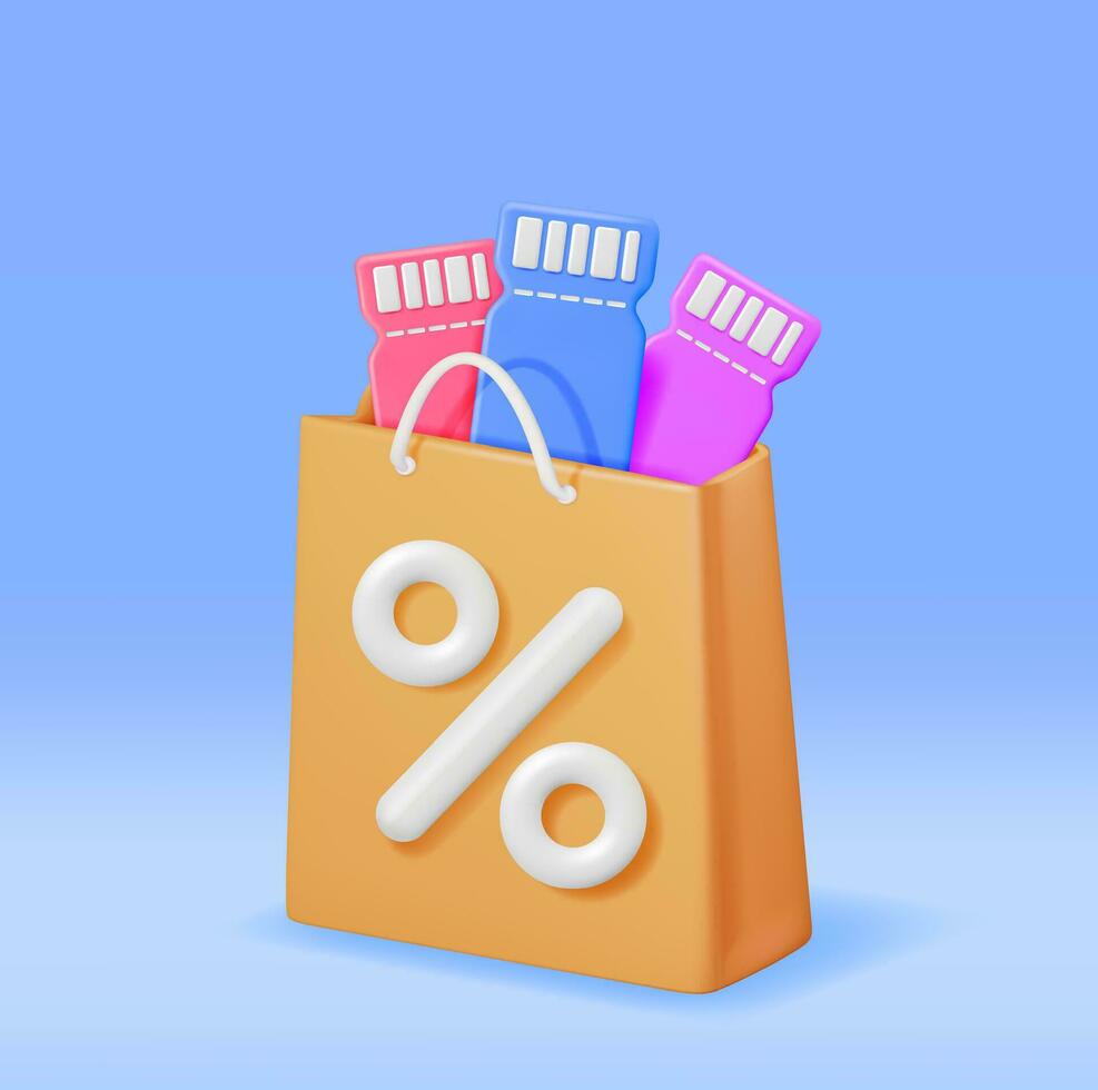 3d boodschappen doen zak met procent teken en korting coupon geïsoleerd. geven realistisch geschenk tas. uitverkoop, korting of opruiming concept. online of kleinhandel boodschappen doen symbool. mode handtas. vector illustratie