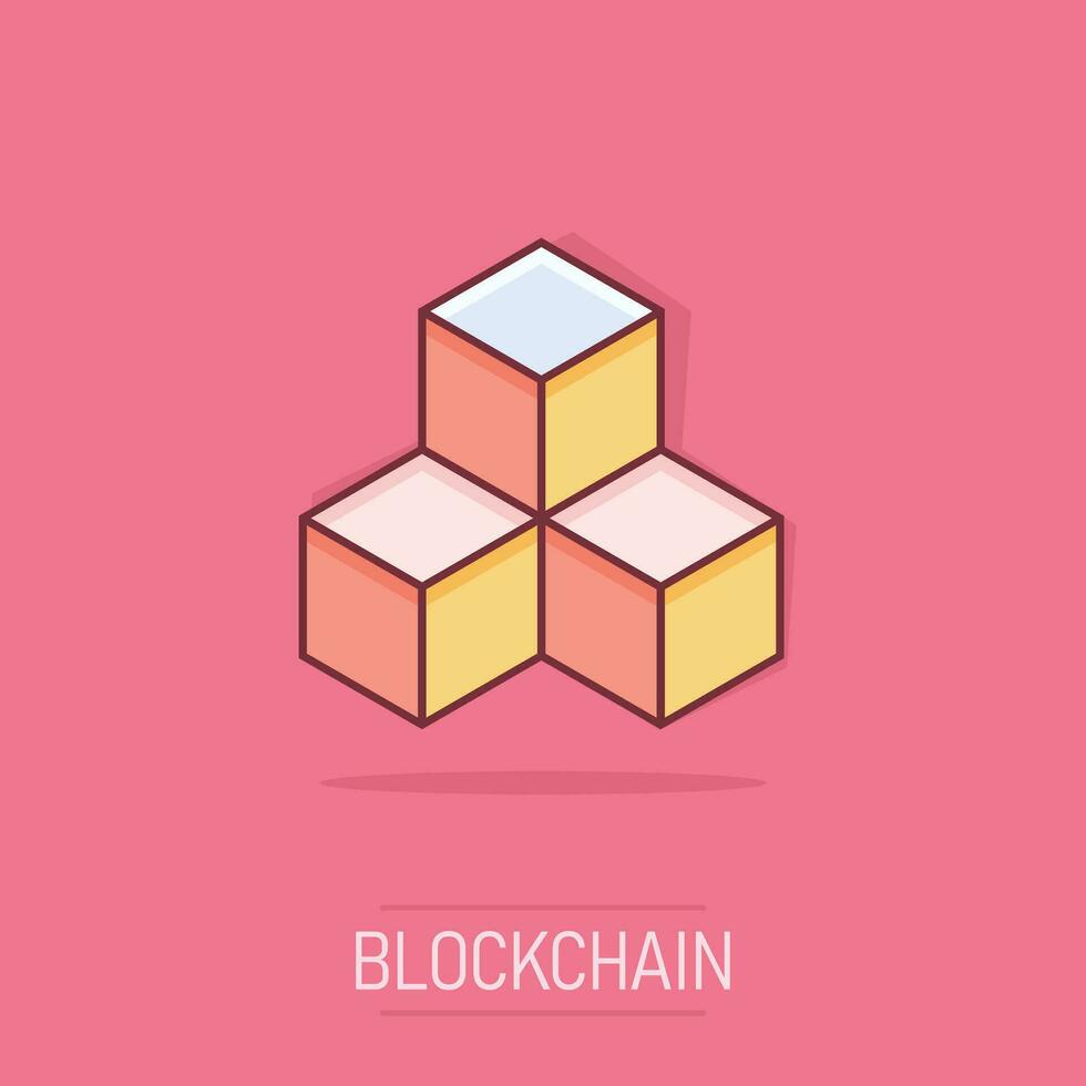 vector tekenfilm blockchain technologie icoon in grappig stijl. geheimschrift kubus blok concept illustratie pictogram. blockchain algoritme bedrijf plons effect concept.