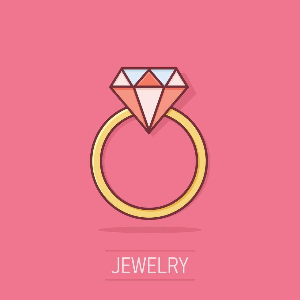 vector tekenfilm verloving ring met diamant icoon in grappig stijl. bruiloft sieraden ring illustratie pictogram. romance verhouding bedrijf plons effect concept.