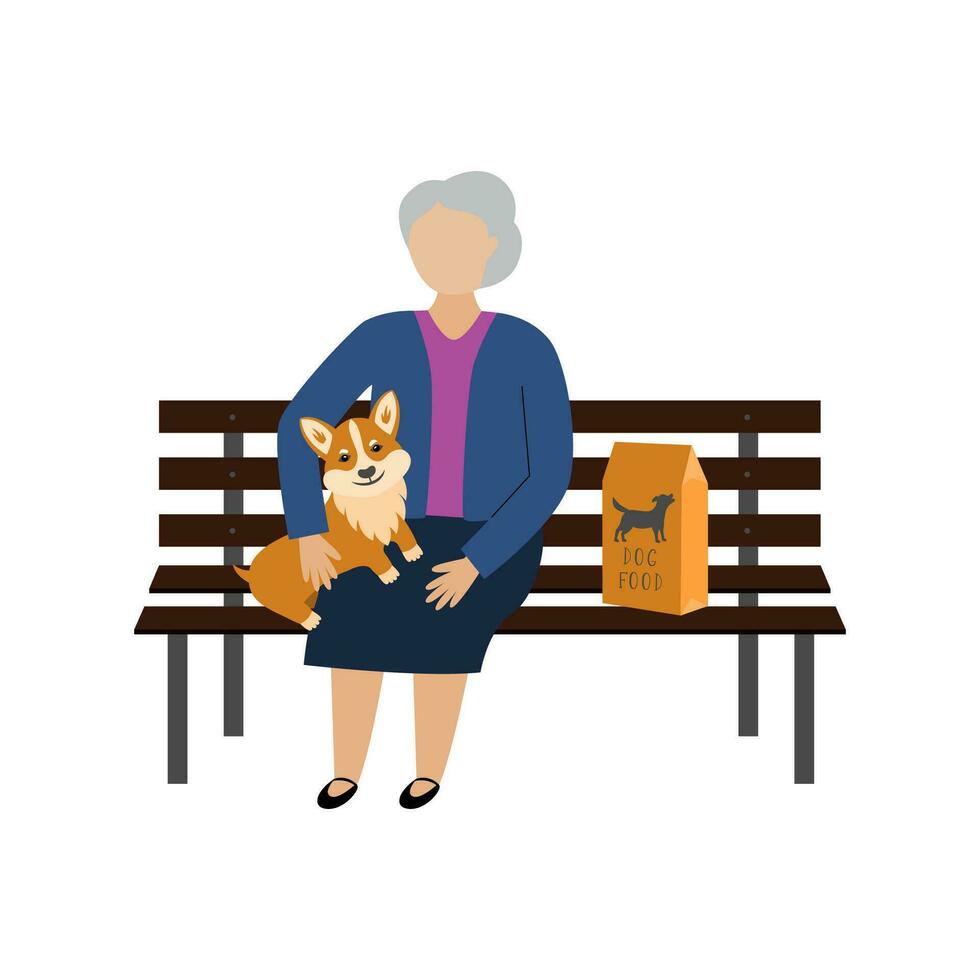 een ouderen vrouw zit Aan een bank met een corgi hond. vector