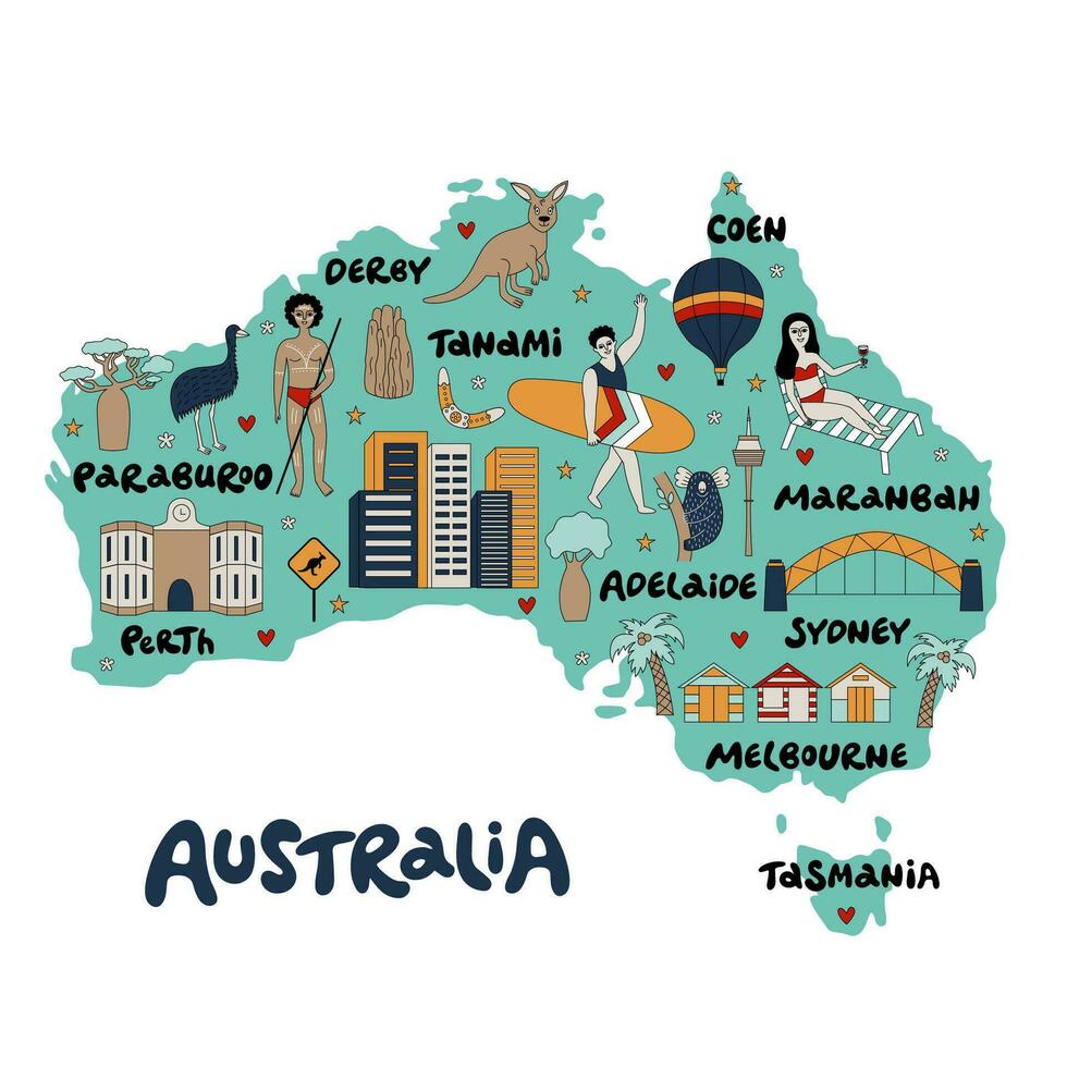 kaart van Australië met haar architectuur, cultuur, en Australisch mensen. vector