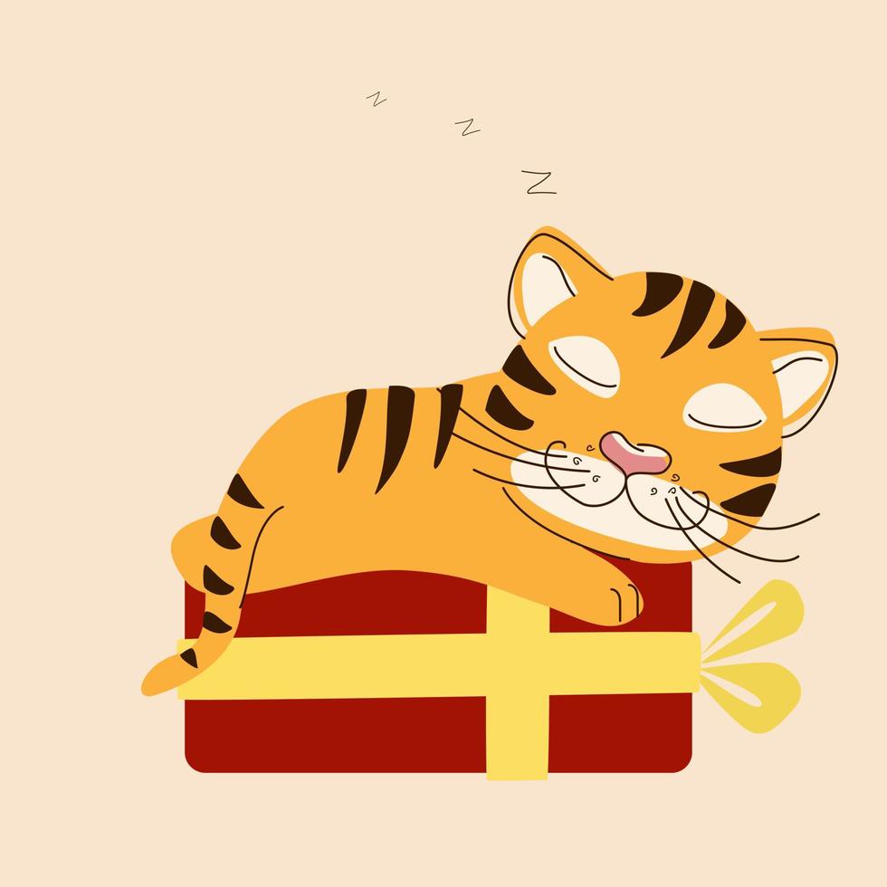 slapende tijger op een geschenkdoos vector