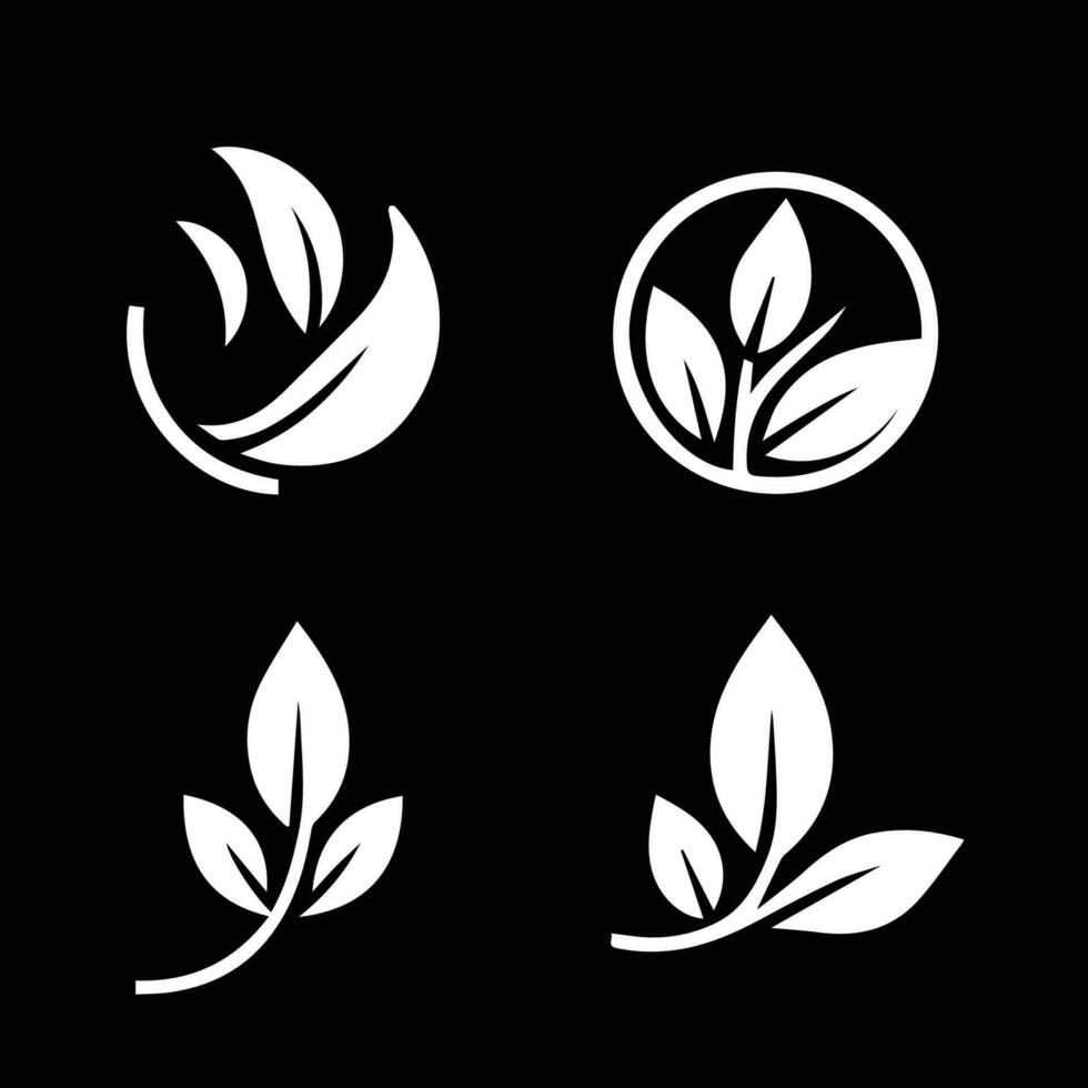 bladeren logo vector reeks geïsoleerd Aan zwart achtergrond. divers vormen van groen bladeren van bomen en planten. elementen voor eco en bio logo's.