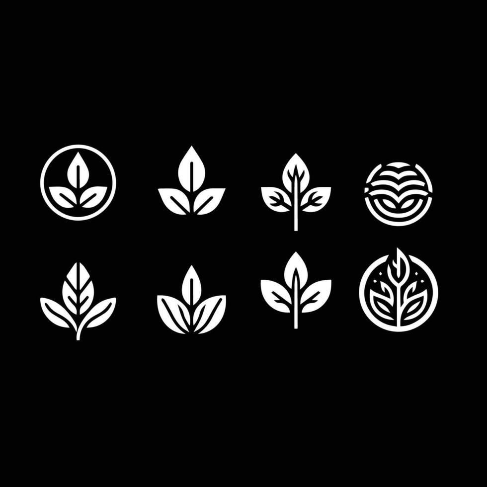 bladeren logo vector reeks geïsoleerd Aan zwart achtergrond. divers vormen van groen bladeren van bomen en planten. elementen voor eco en bio logo's.