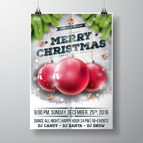 Vector Merry Christmas Party-ontwerp met vakantie typografie elementen en glazen bollen