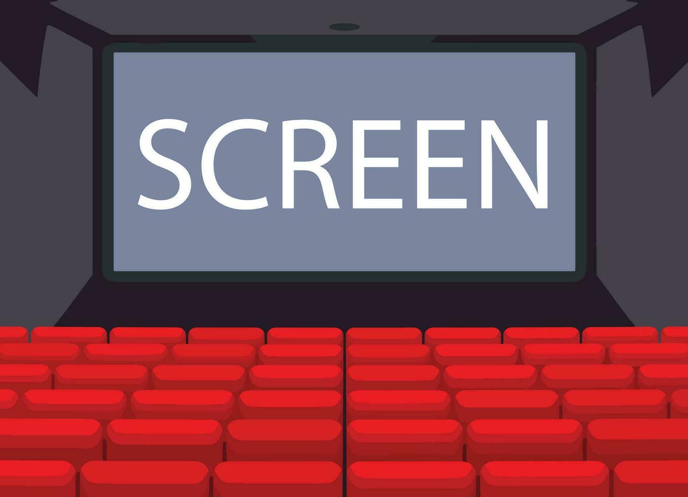 film theater achtergrond met wit scherm rood gordijnen en stoelen. vector