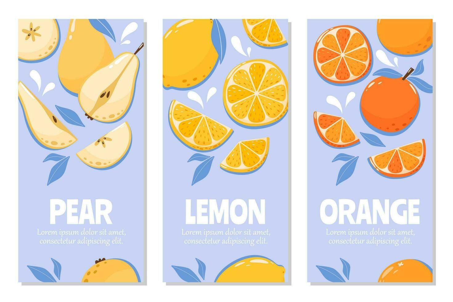 reeks van seizoen fruit flyers. oranje, citroen, Peer met ruimte voor tekst. zomer vector illustratie in tekenfilm vlak stijl. voor banier, poster, verhalen, Hoes